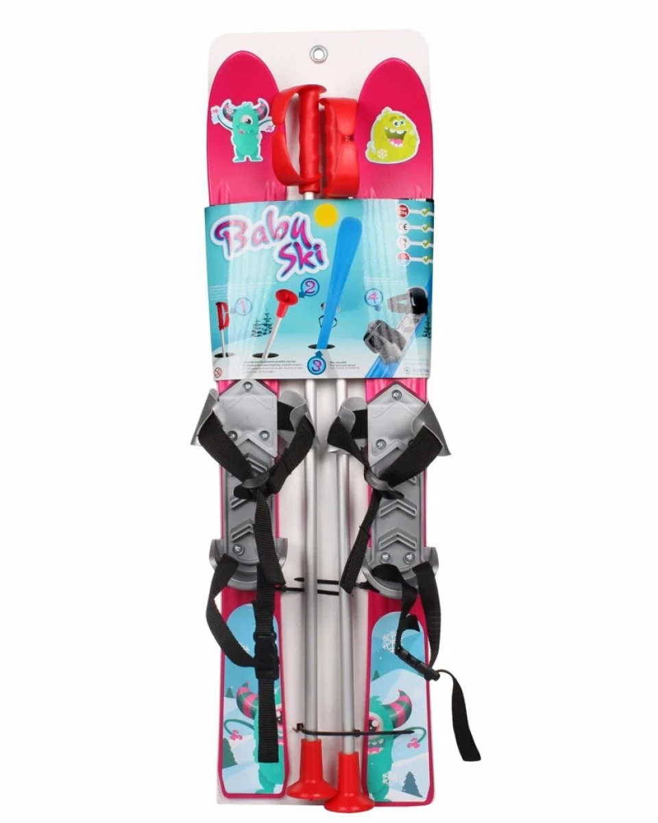 Baby schiuri de plastic pentru copii de 90 cm cu bete, roz